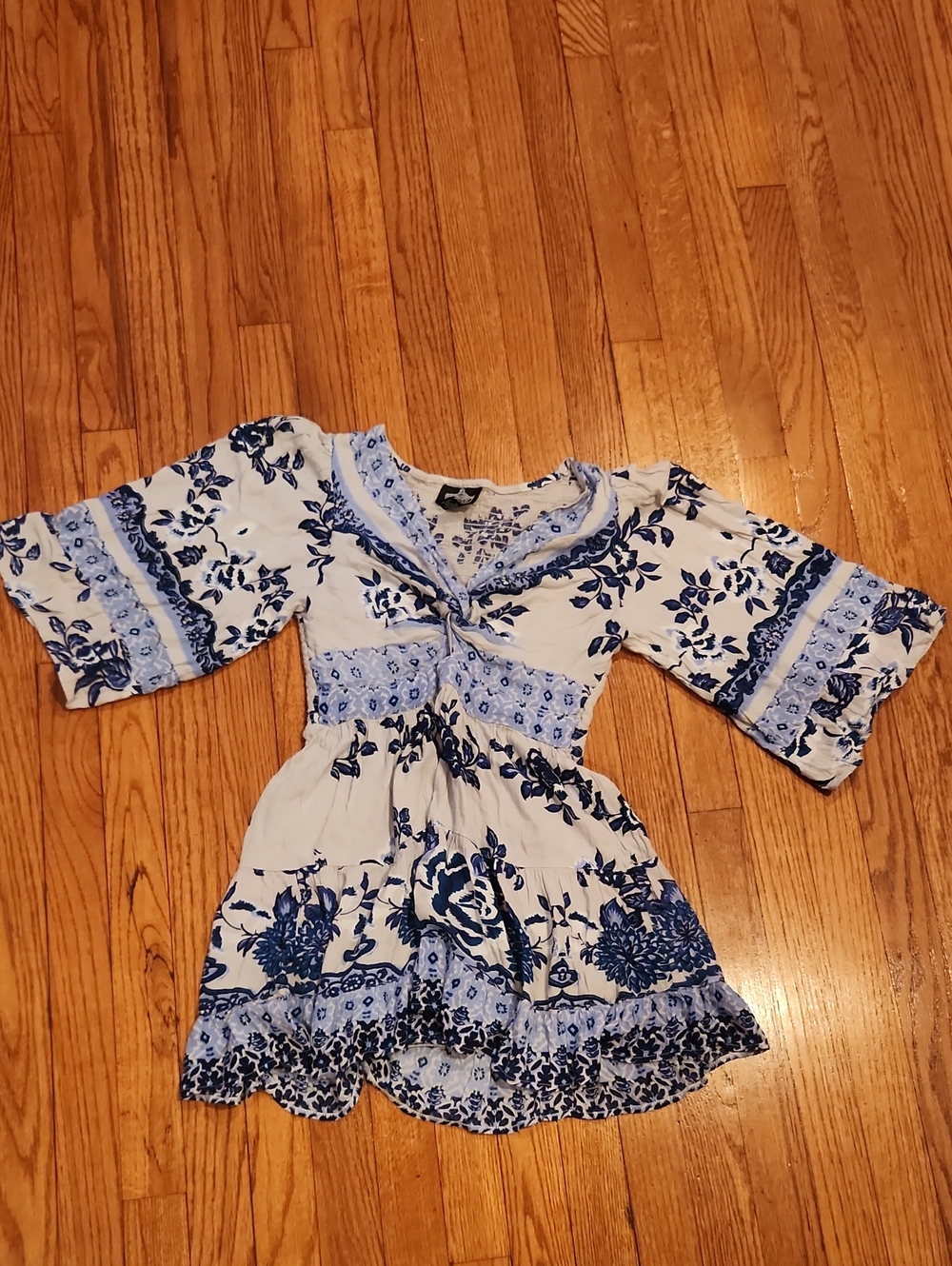 Angie White and Blue Floral Boho Peasant Top